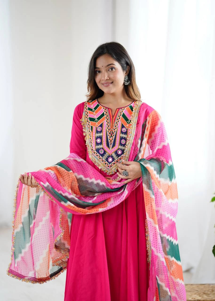 Dark Pink Embroidery Sequins & Mirror Work Khadi Cotton Suit