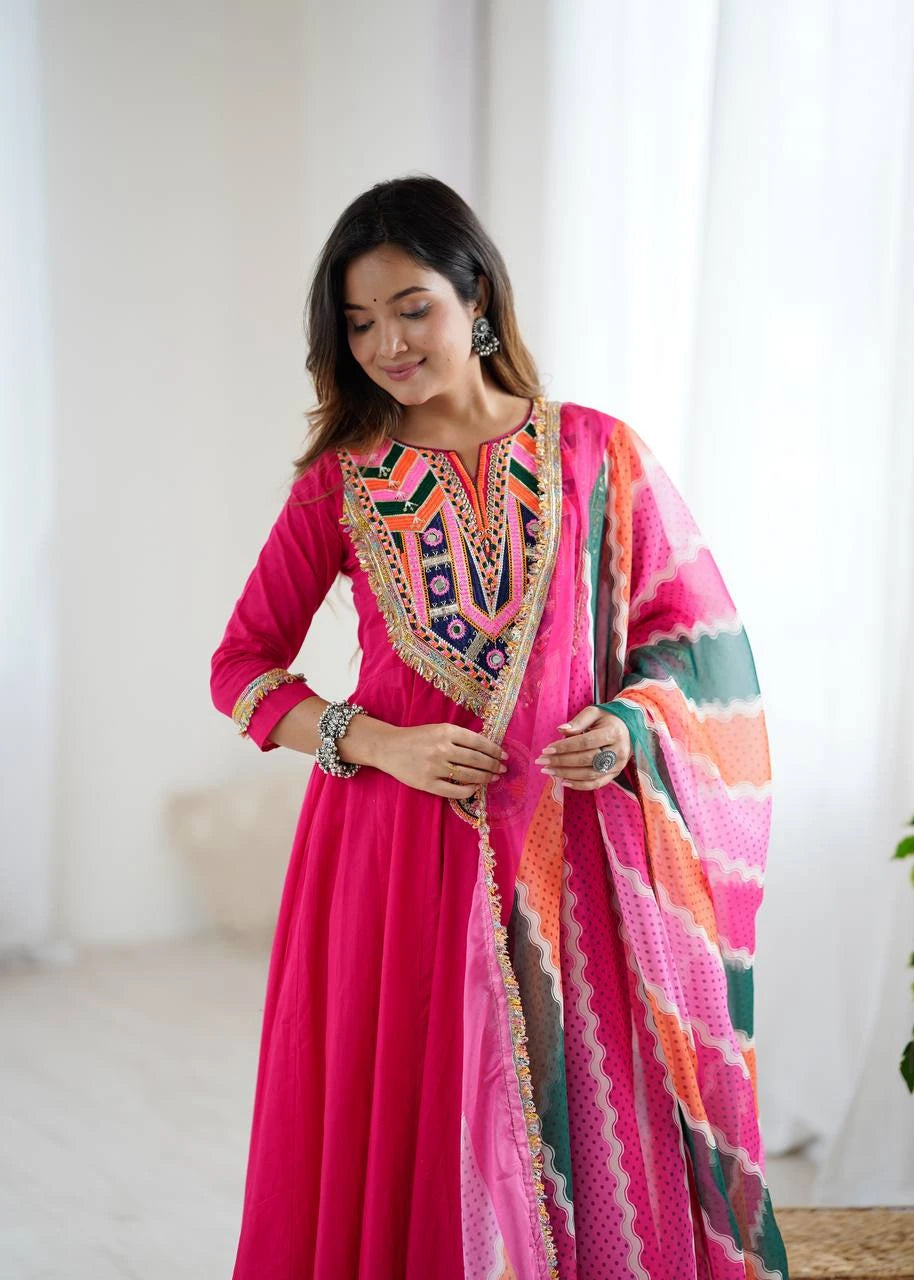 Dark Pink Embroidery Sequins & Mirror Work Khadi Cotton Suit