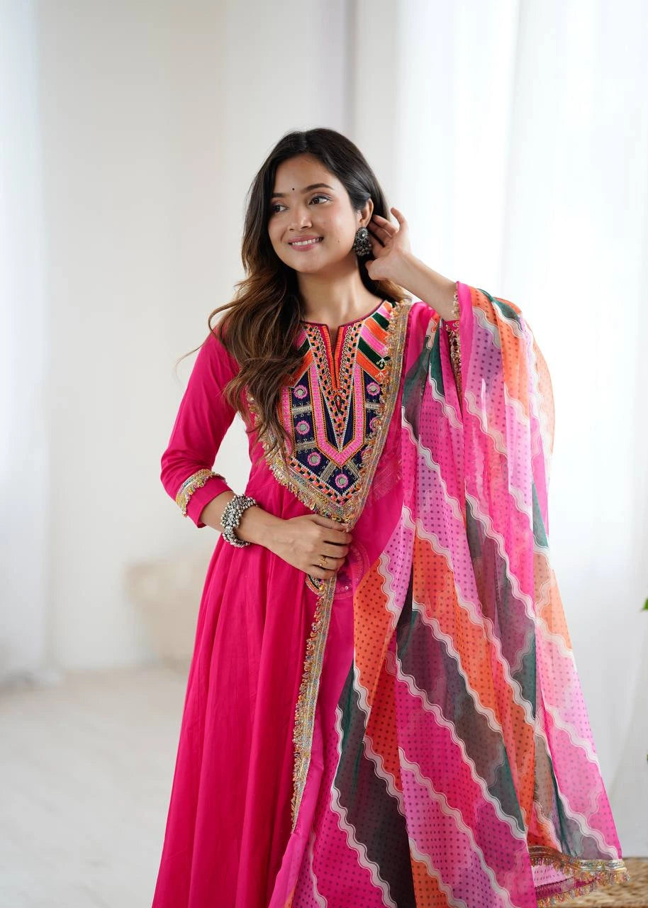 Dark Pink Embroidery Sequins & Mirror Work Khadi Cotton Suit
