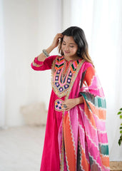 Dark Pink Embroidery Sequins & Mirror Work Khadi Cotton Suit