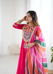 Dark Pink Embroidery Sequins & Mirror Work Khadi Cotton Suit