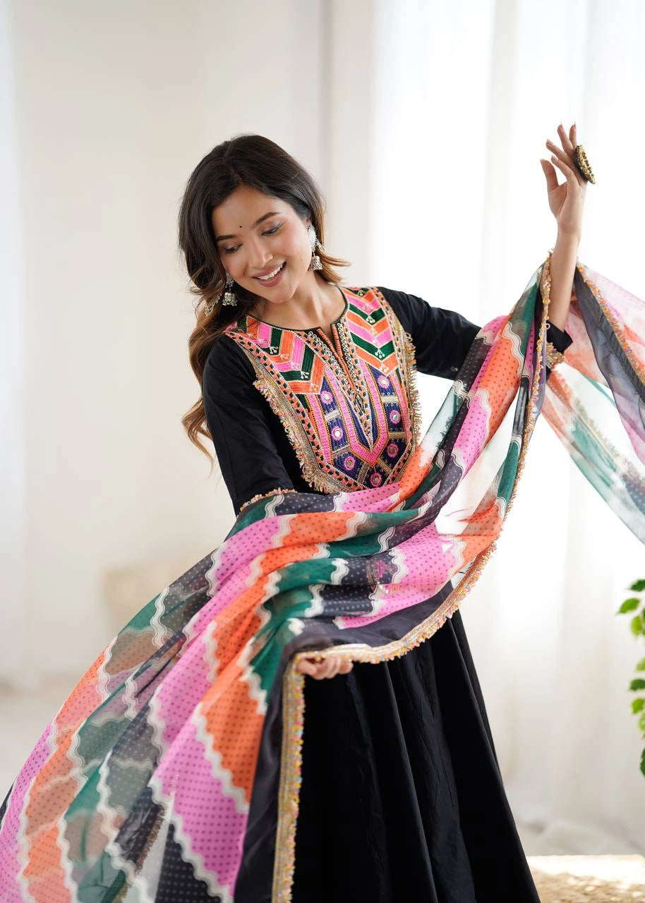 Black Embroidery Sequins & Mirror Work Khadi Cotton Suit