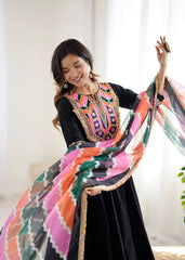 Black Embroidery Sequins & Mirror Work Khadi Cotton Suit