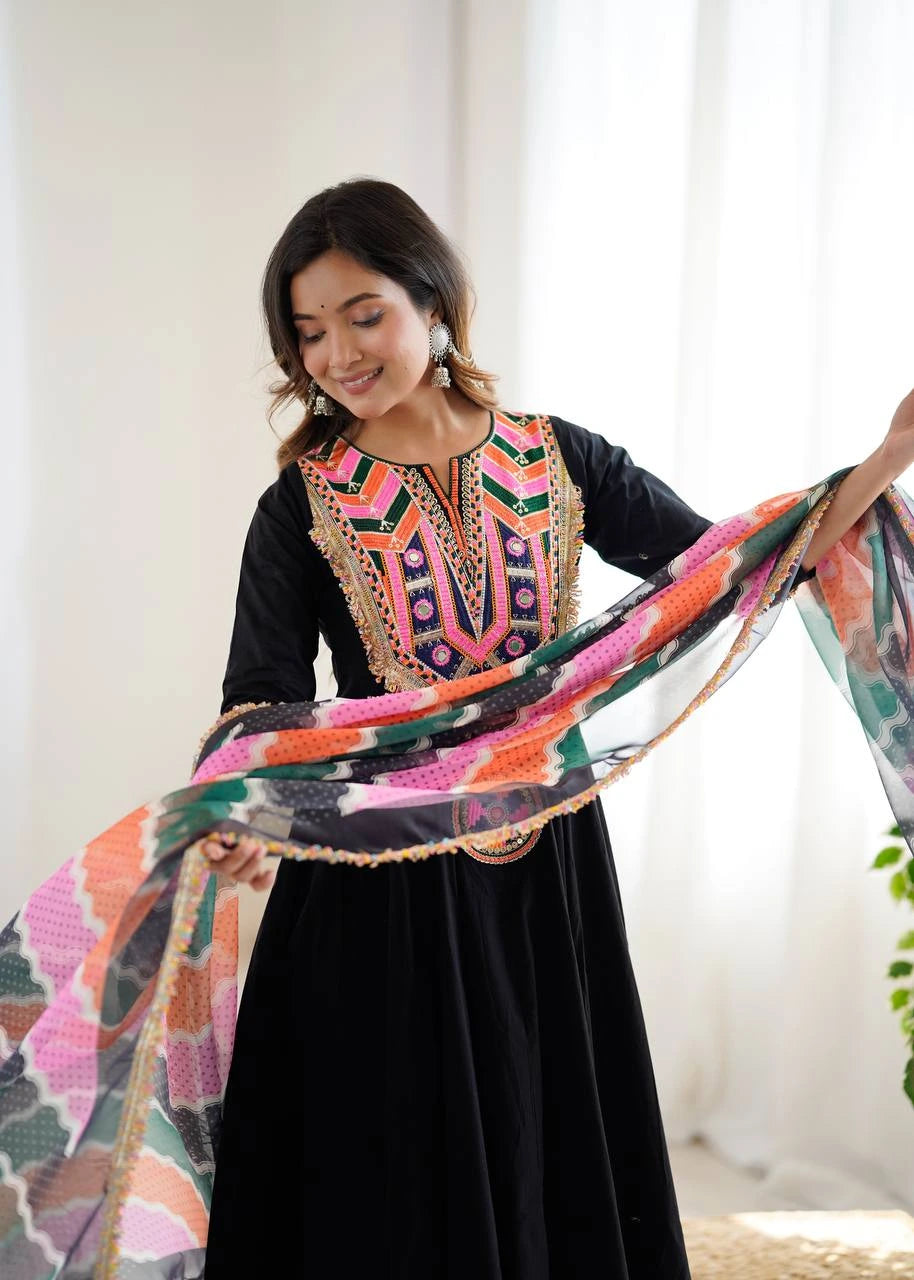 Black Embroidery Sequins & Mirror Work Khadi Cotton Suit