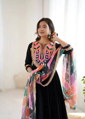 Black Embroidery Sequins & Mirror Work Khadi Cotton Suit