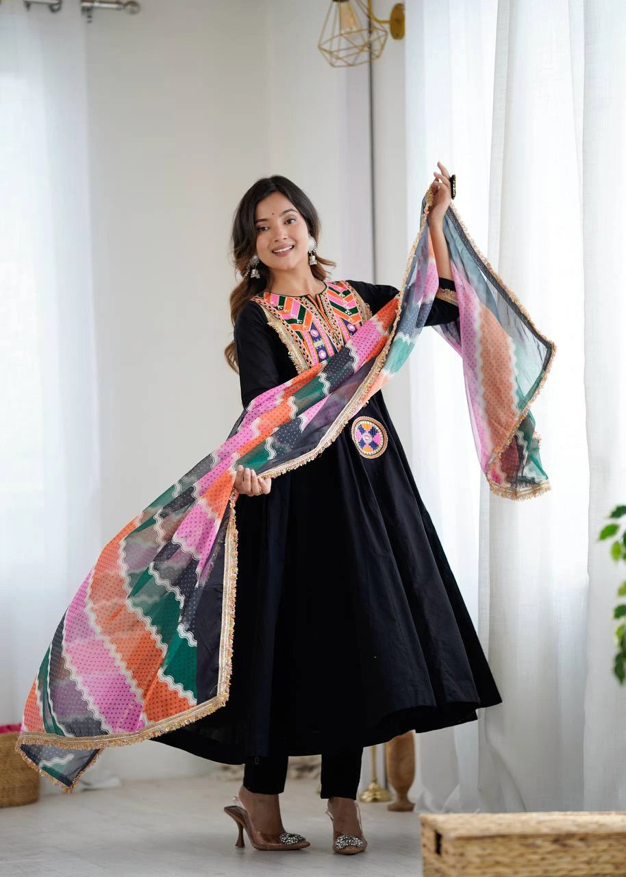 Black Embroidery Sequins & Mirror Work Khadi Cotton Suit