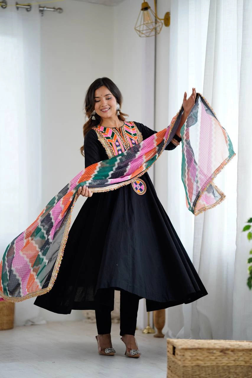 Black Embroidery Sequins & Mirror Work Khadi Cotton Suit