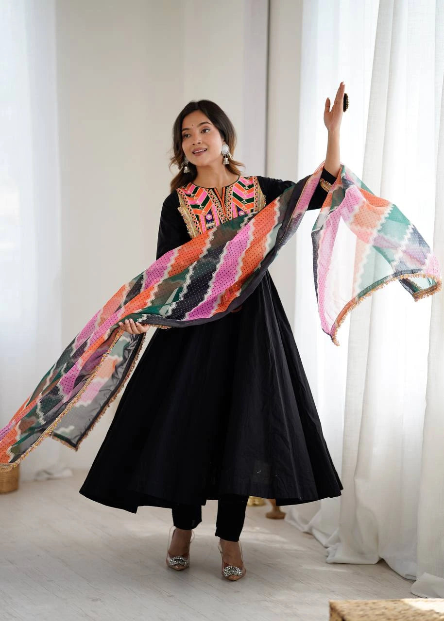 Black Embroidery Sequins & Mirror Work Khadi Cotton Suit