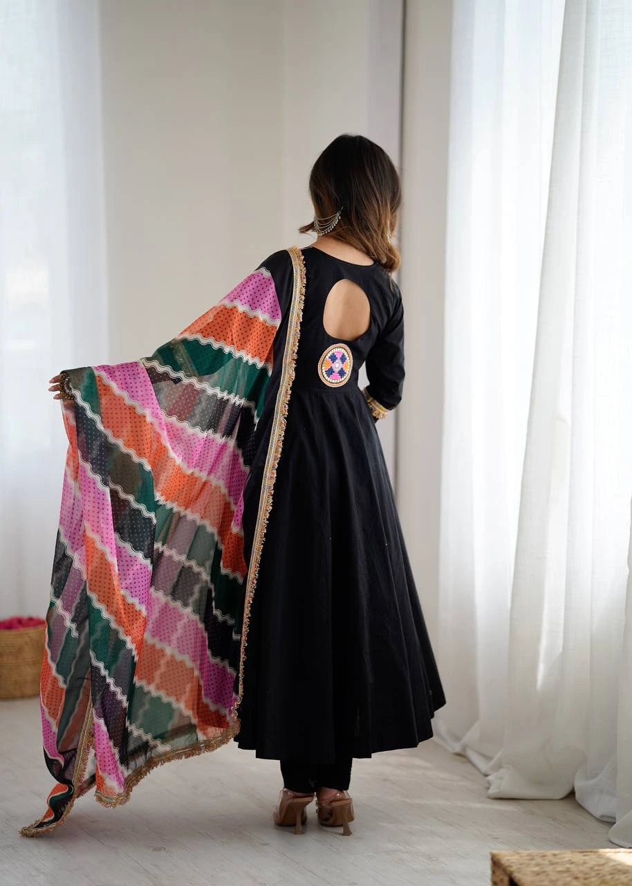 Black Embroidery Sequins & Mirror Work Khadi Cotton Suit