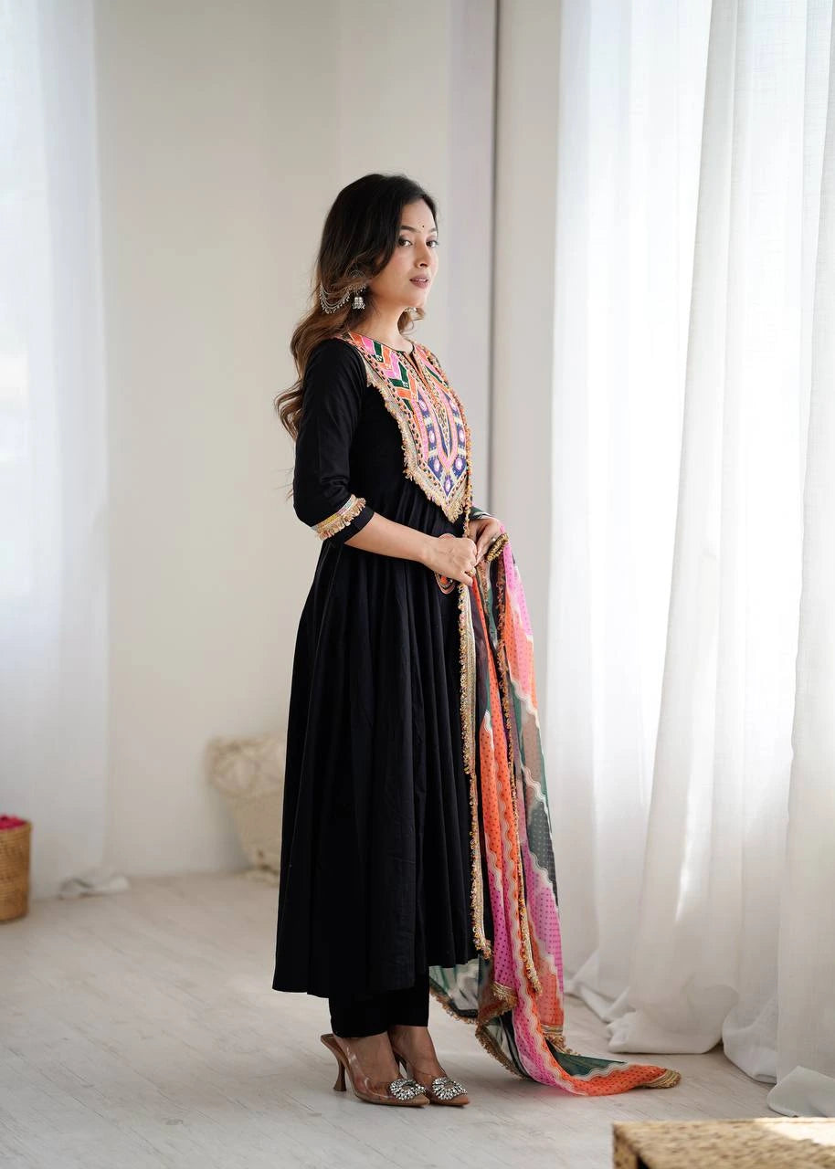 Black Embroidery Sequins & Mirror Work Khadi Cotton Suit