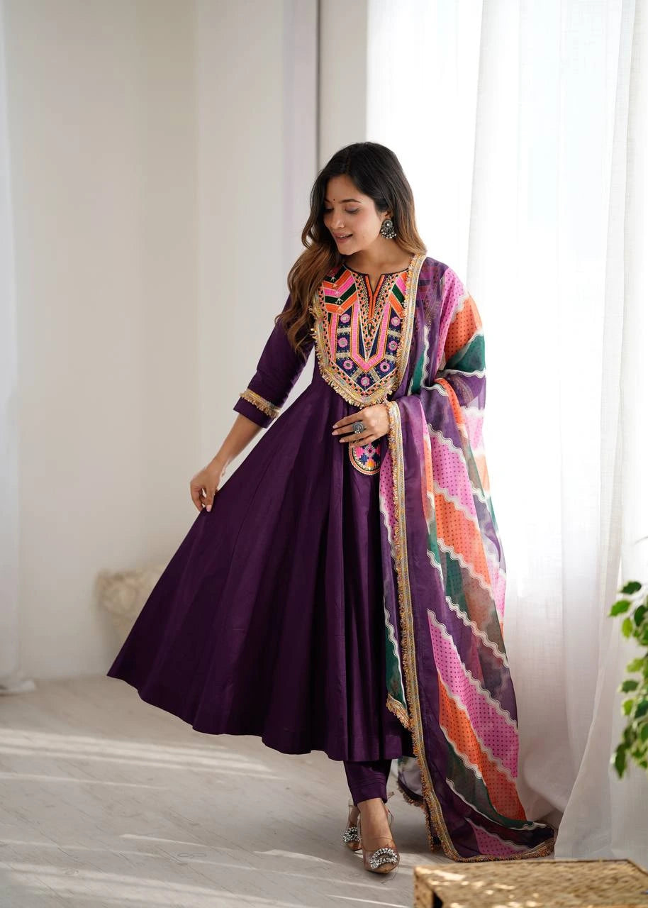 Purple Embroidery Sequins & Mirror Work Khadi Cotton Suit