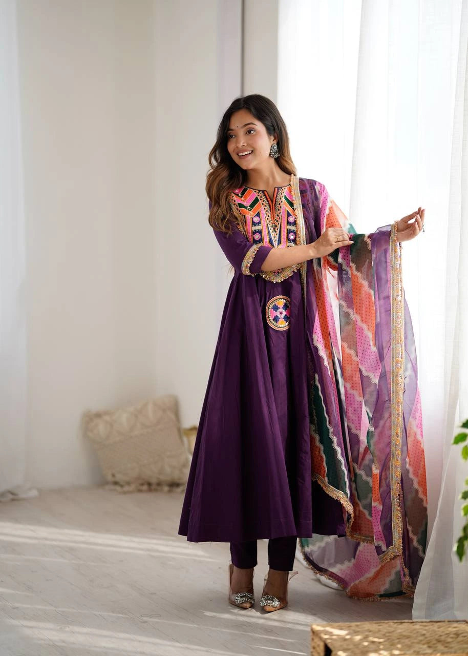 Purple Embroidery Sequins & Mirror Work Khadi Cotton Suit
