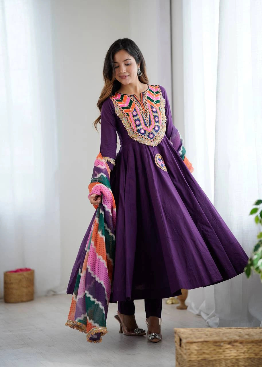 Purple Embroidery Sequins & Mirror Work Khadi Cotton Suit