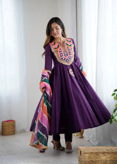 Purple Embroidery Sequins & Mirror Work Khadi Cotton Suit