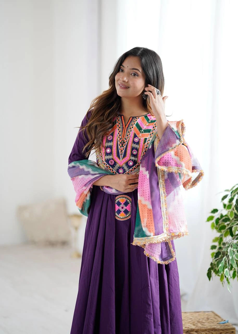 Purple Embroidery Sequins & Mirror Work Khadi Cotton Suit