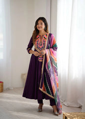 Purple Embroidery Sequins & Mirror Work Khadi Cotton Suit
