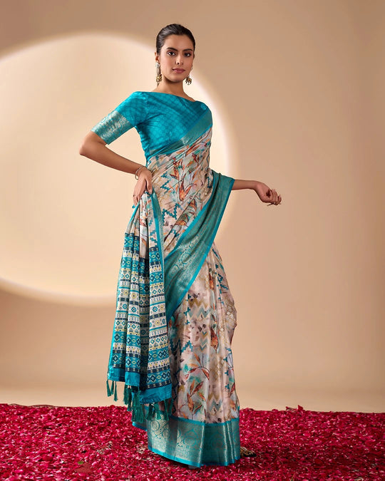 Beige Digital Print with Zari Woven Border Soft Lichi Silk Saree – Kalyanja
