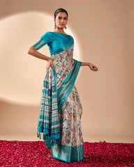 Beige Digital Print with Zari Woven Border Soft Lichi Silk Saree – Kalyanja
