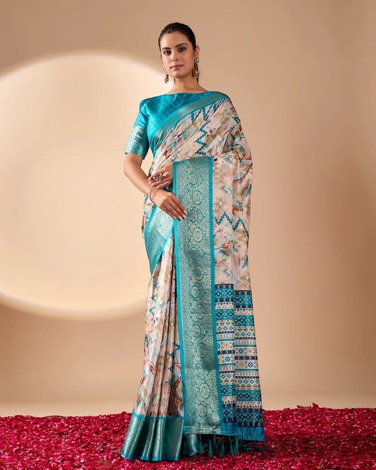 Beige Digital Print with Zari Woven Border Soft Lichi Silk Saree