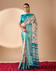 Beige Digital Print with Zari Woven Border Soft Lichi Silk Saree - kalyanja