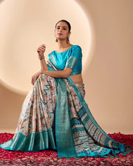 Beige Digital Print with Zari Woven Border Soft Lichi Silk Saree - kalyanja
