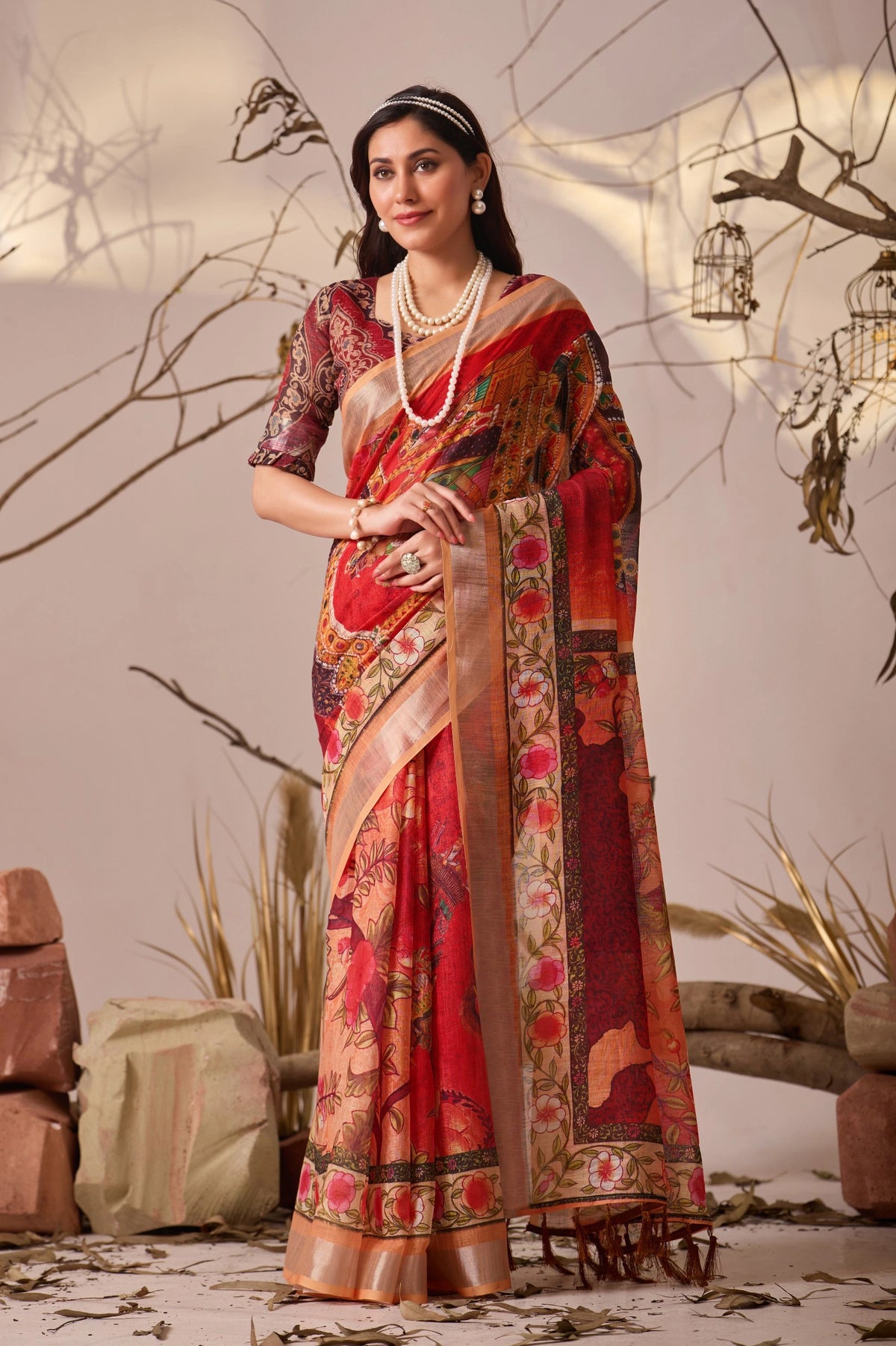 Red Digital Floral Print Linen Cotton Saree
