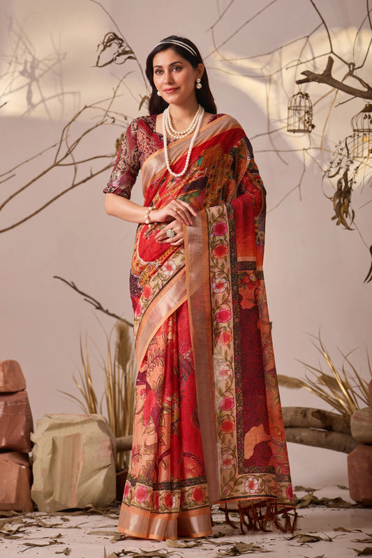 Red Digital Floral Print Linen Cotton Saree