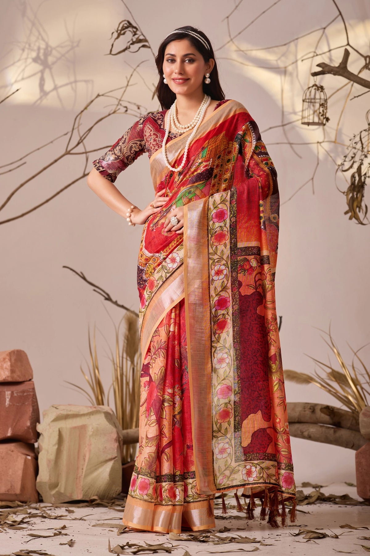 Red Digital Floral Print Linen Cotton Saree – Kalyanja
