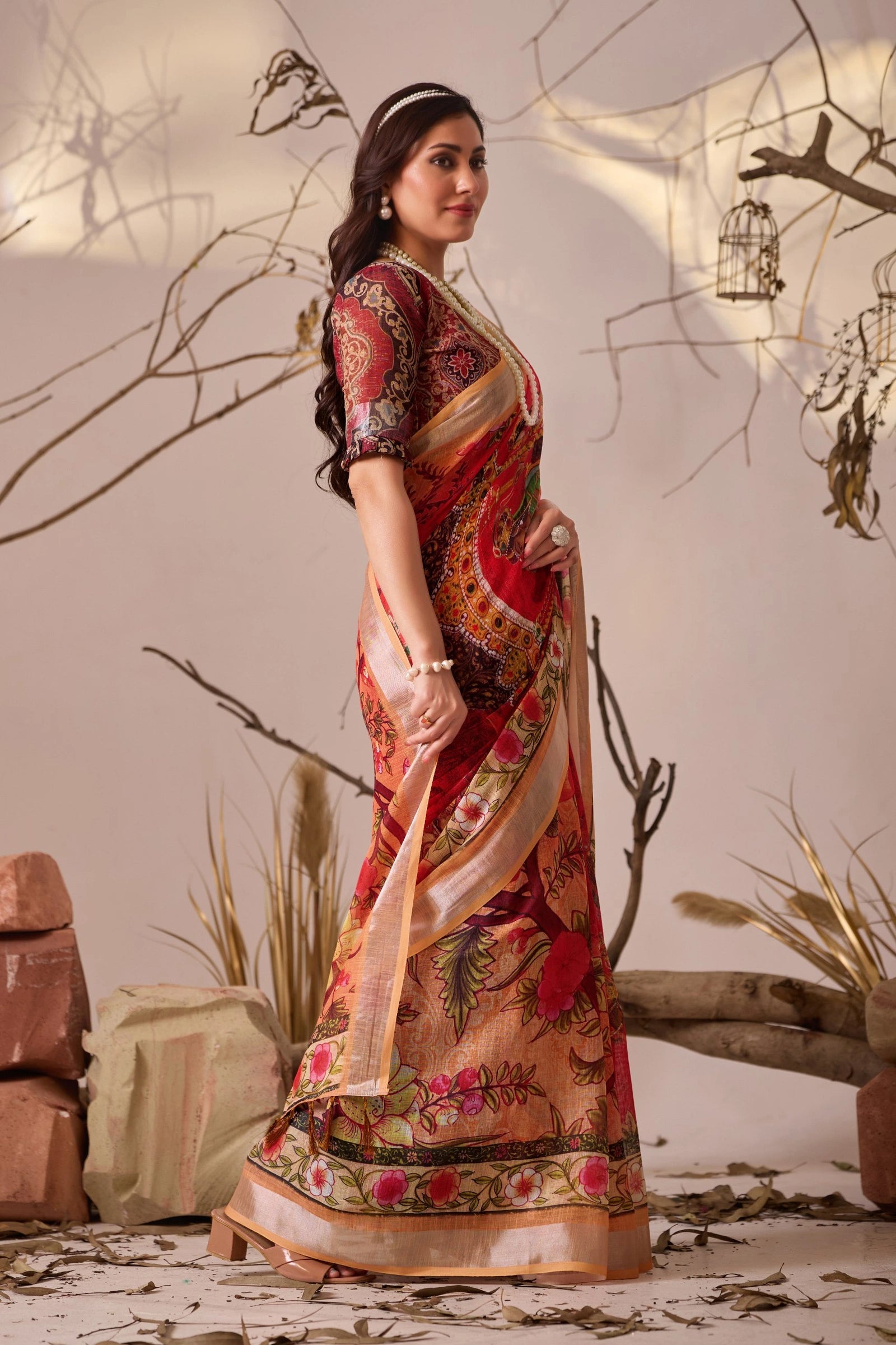 Red Digital Floral Print Linen Cotton Saree – Kalyanja
