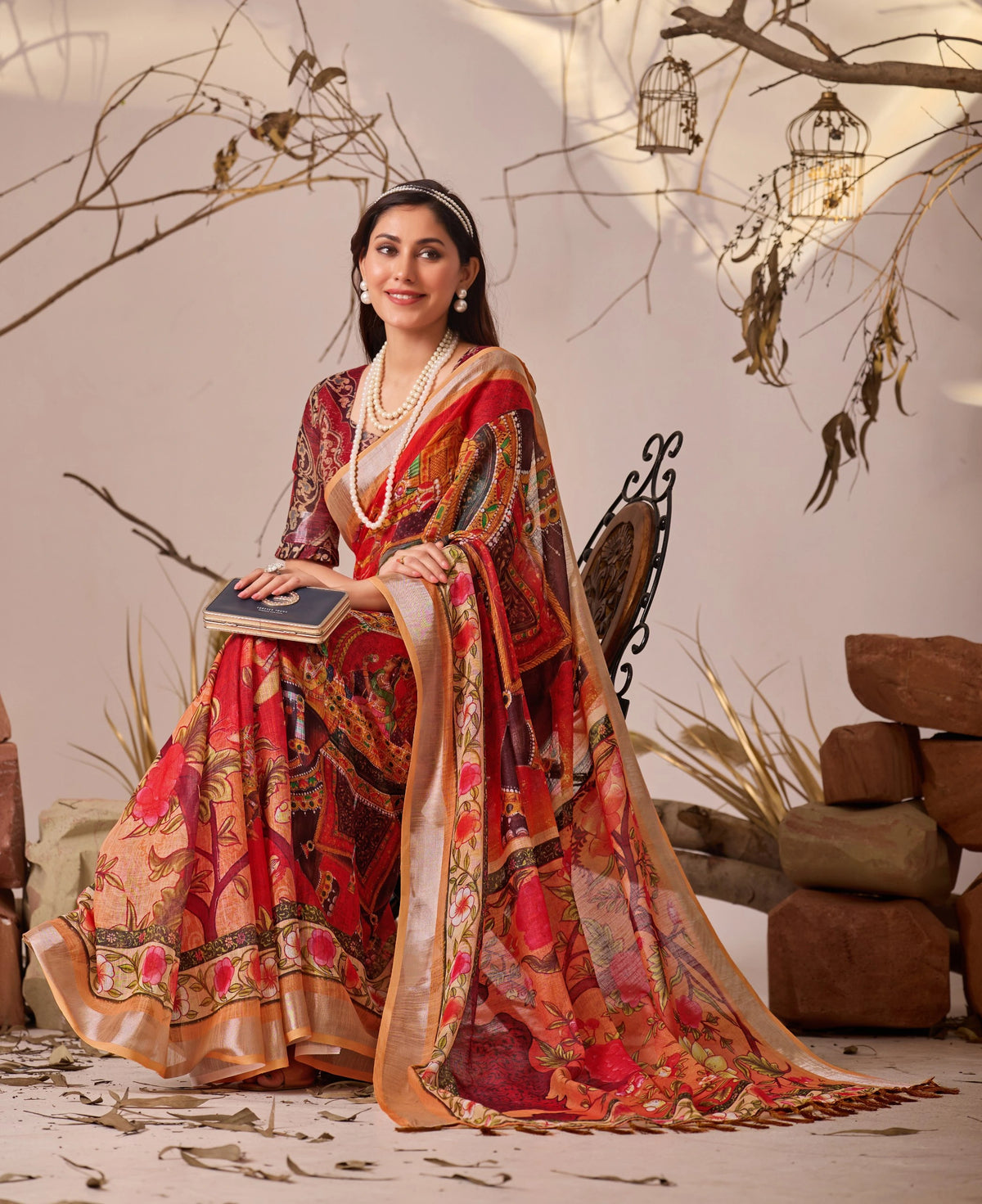 Red Digital Floral Print Linen Cotton Saree – Kalyanja
