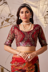 Red Digital Floral Print Linen Cotton Saree