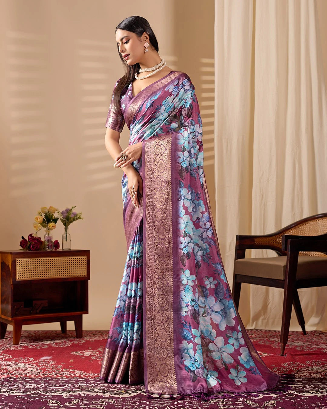 Purple Floral Print Zari Woven Border Soft Lichi Silk Saree