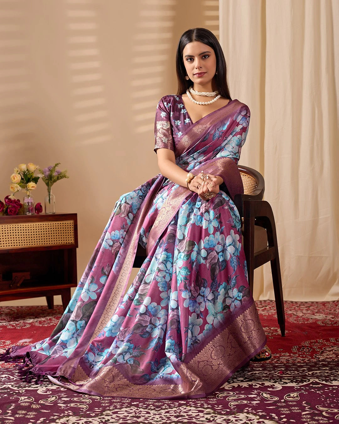 Purple Floral Print Zari Woven Border Soft Lichi Silk Saree - kalyanja