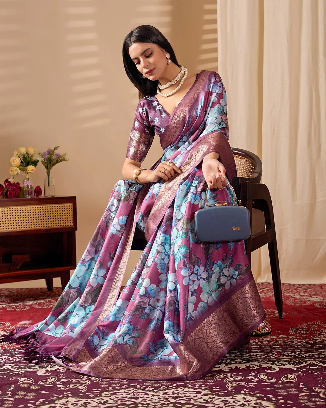 Purple Floral Print Zari Woven Border Soft Lichi Silk Saree – Kalyanja
