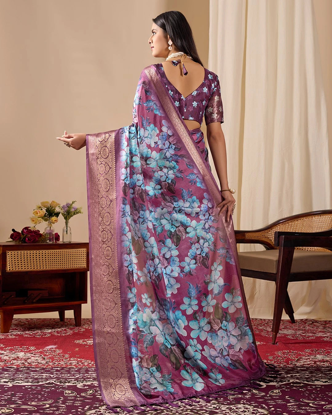 Purple Floral Print Zari Woven Border Soft Lichi Silk Saree
