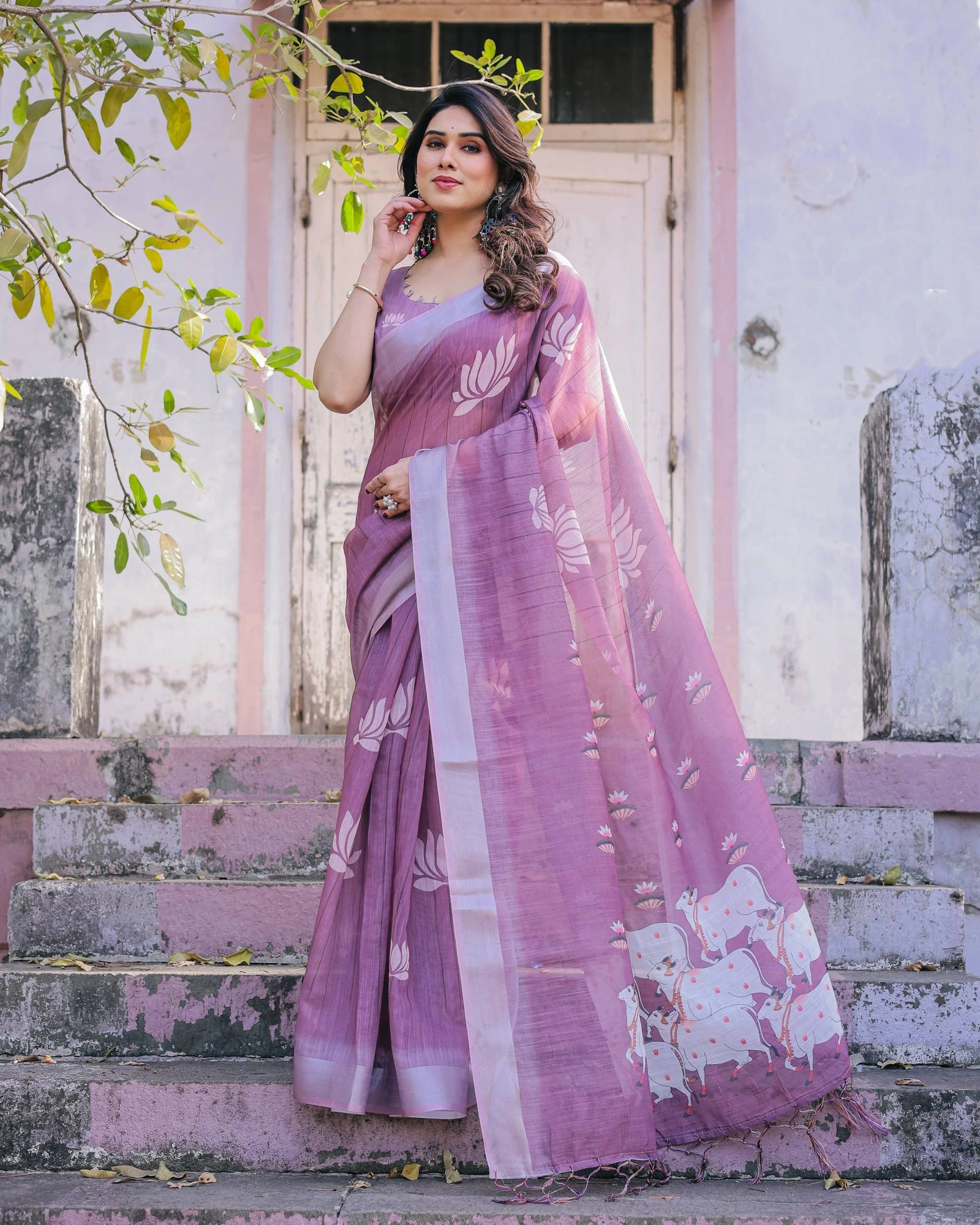 Printed purple soft linen cotton saree – Kalyanja.