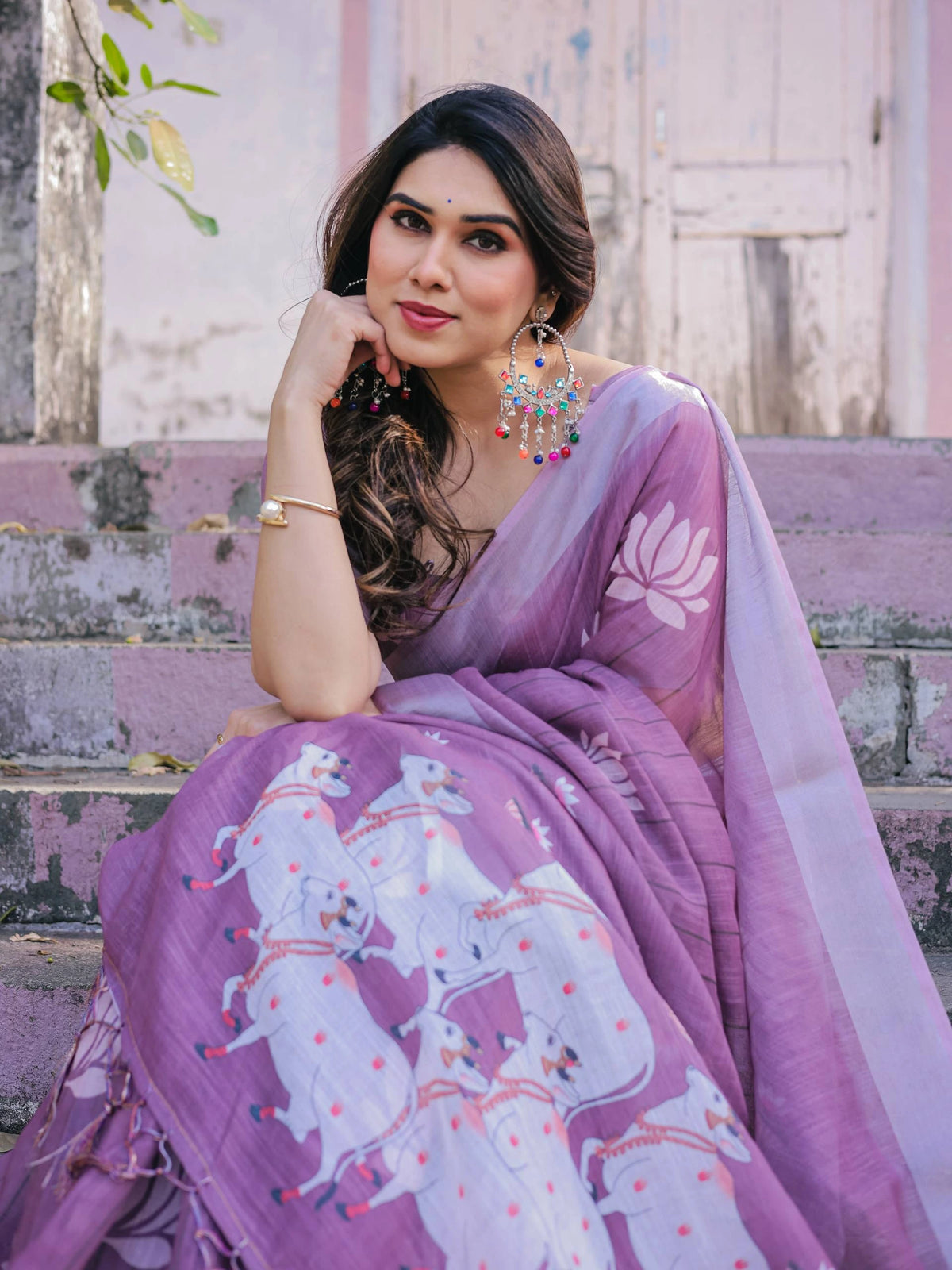 Printed purple soft linen cotton saree – Kalyanja.