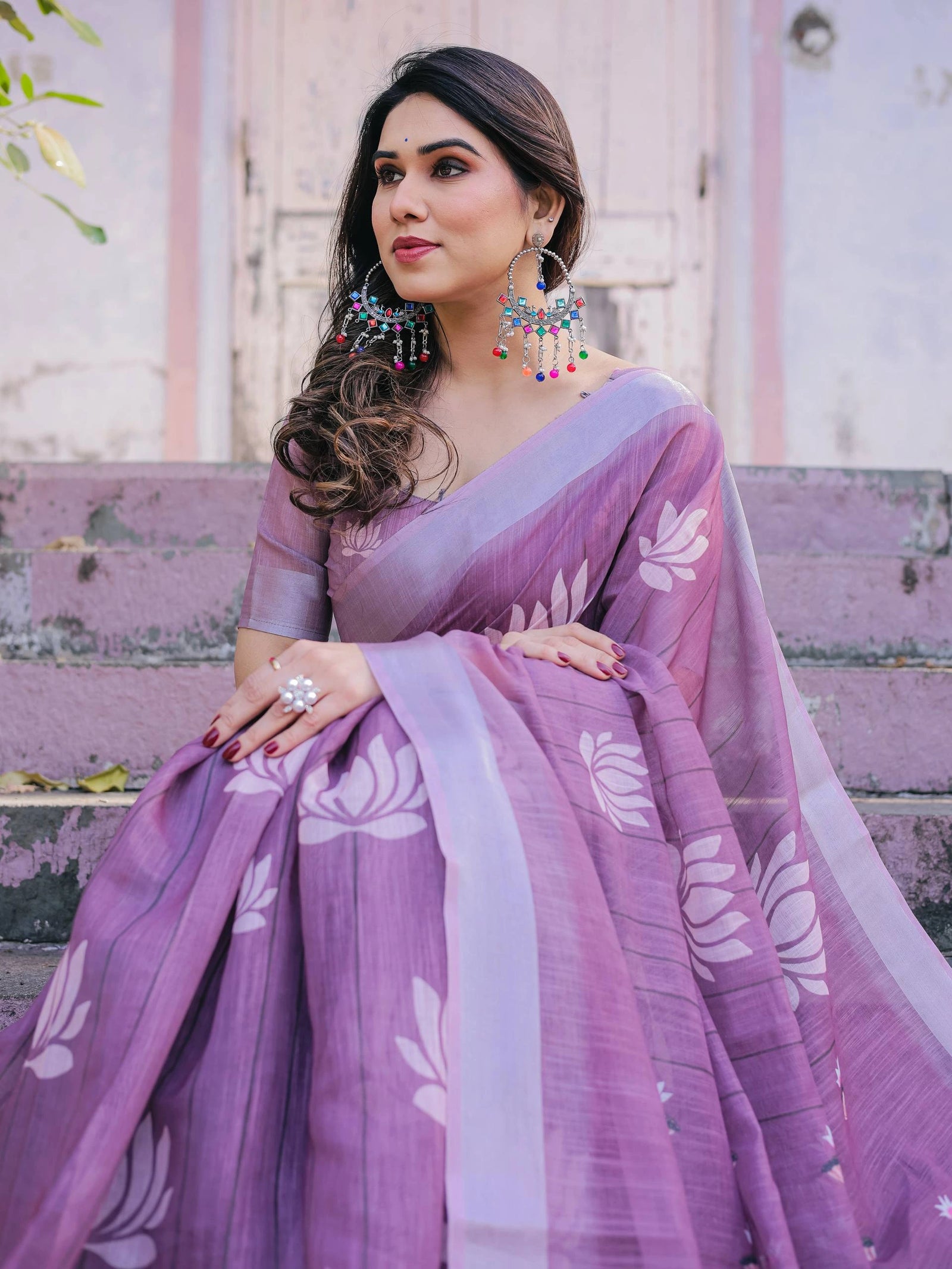 Printed purple soft linen cotton saree – Kalyanja.