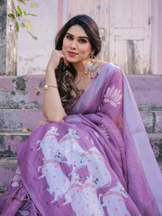 Purple Soft Linen Cotton Printed Saree