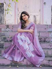 Purple Soft Linen Cotton Printed Saree