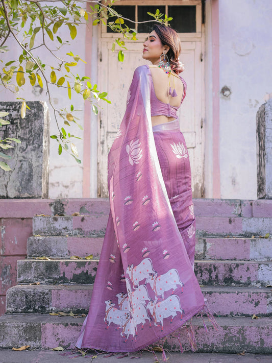 Purple Soft Linen Cotton Printed Saree