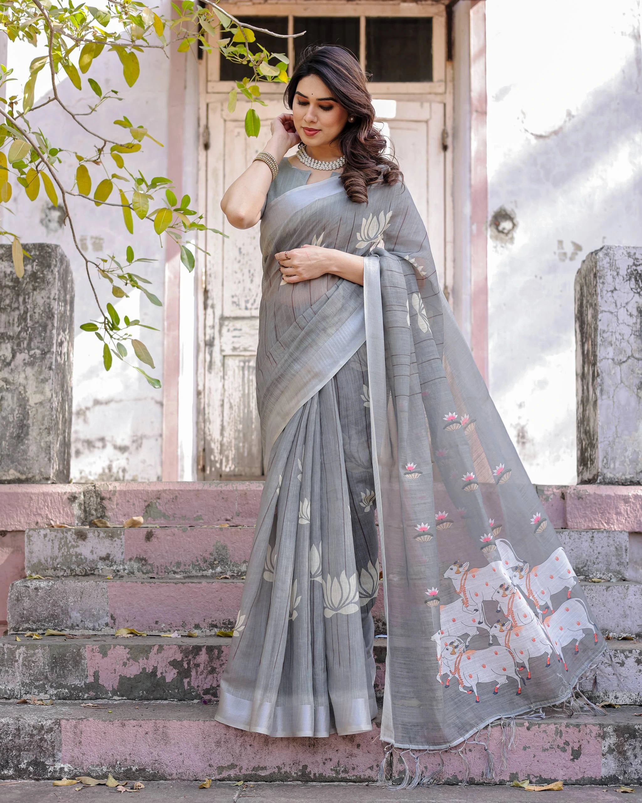 Gray Printed Soft Linen Cotton Saree - kalyanja