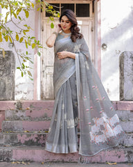 Gray Printed Soft Linen Cotton Saree - kalyanja