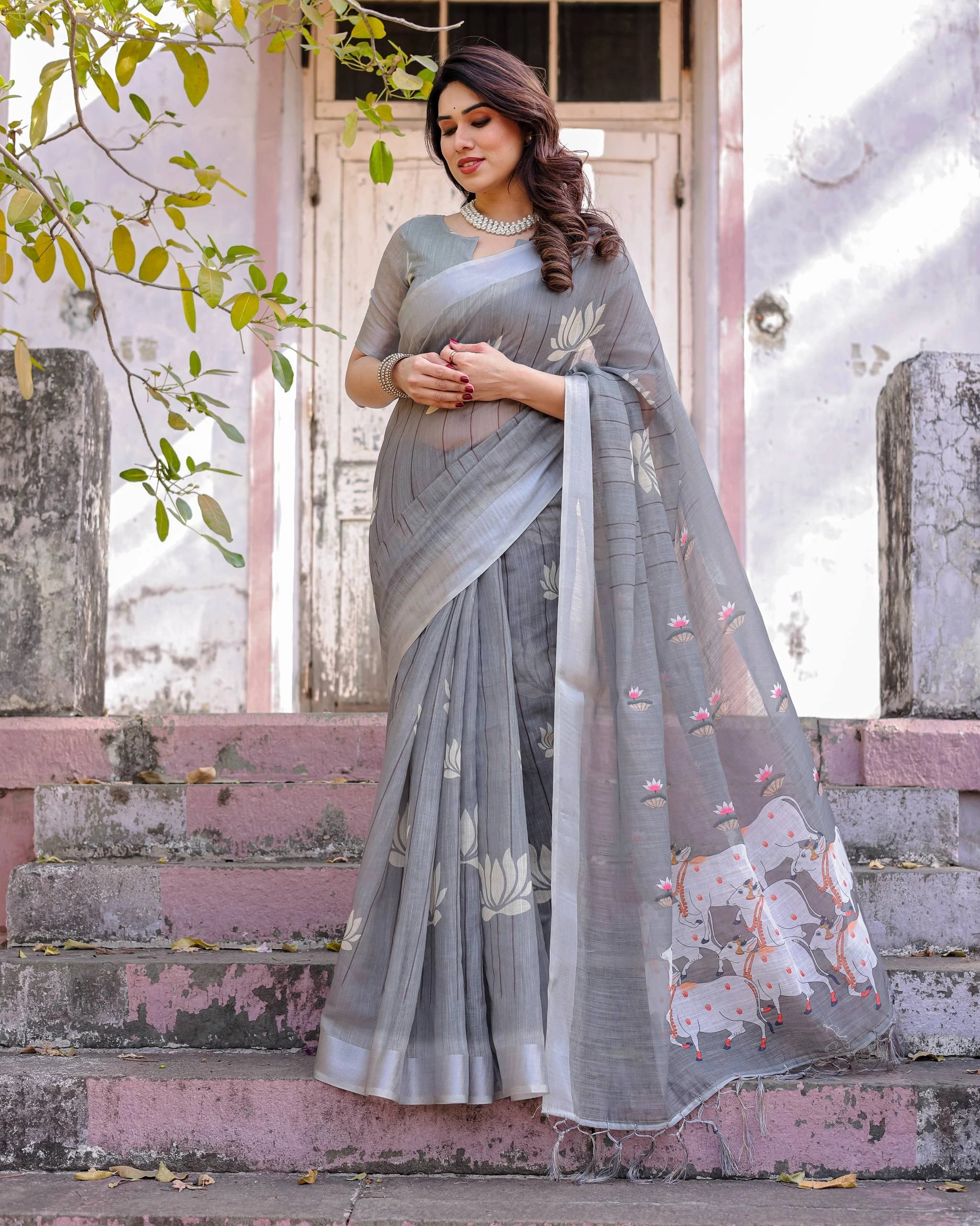 Gray Printed Soft Linen Cotton Saree – Kalyanja

