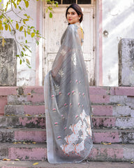 Gray Printed Soft Linen Cotton Saree – Kalyanja
