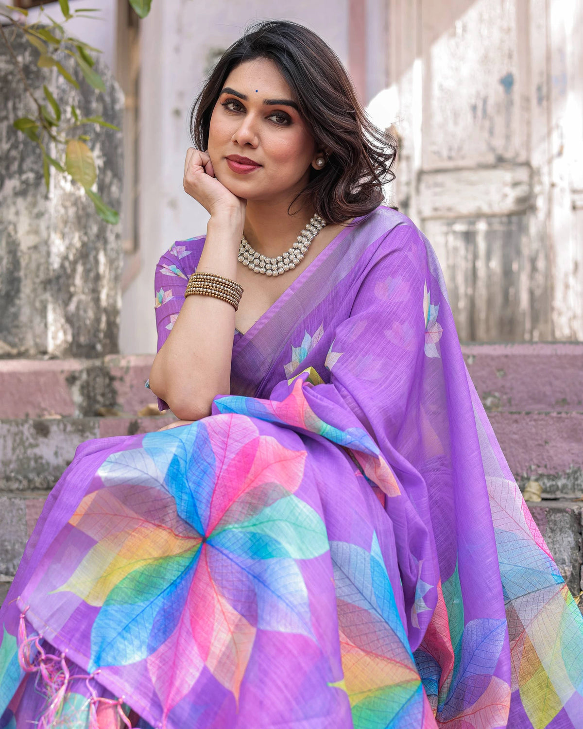Purple Printed Soft Linen Cotton Saree