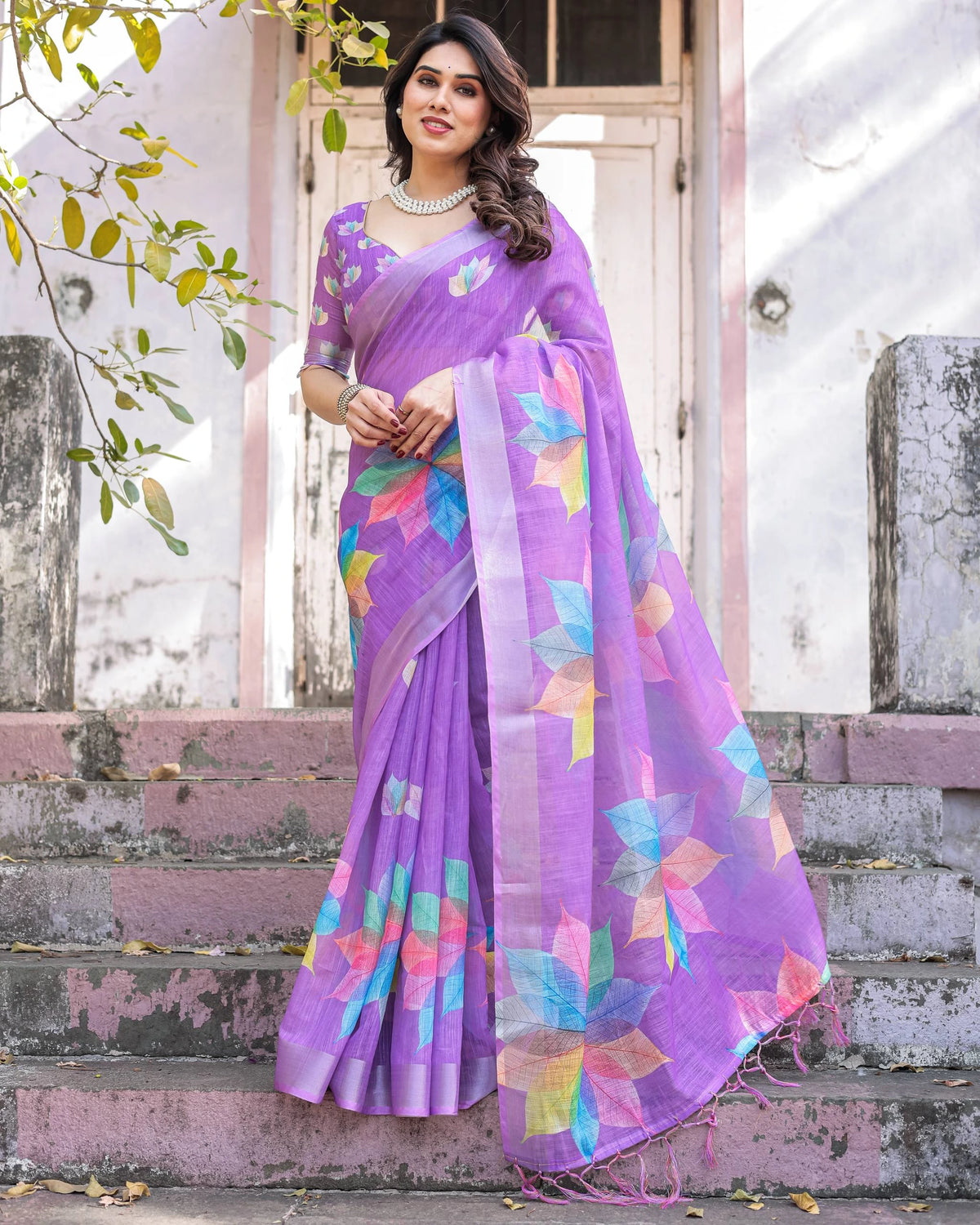 Purple Printed Soft Linen Cotton Saree