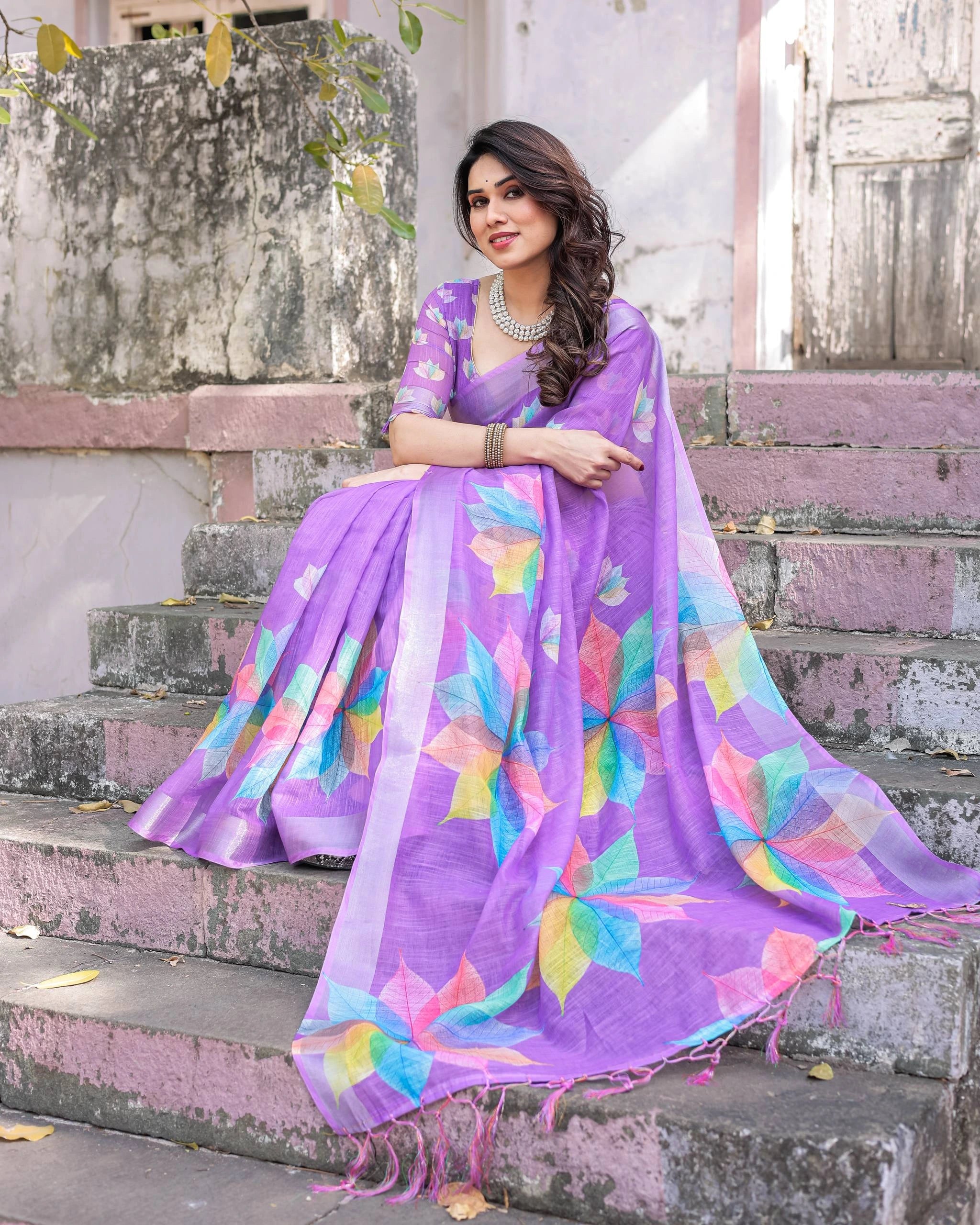 Purple Printed Soft Linen Cotton Saree