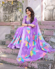 Purple Printed Soft Linen Cotton Saree