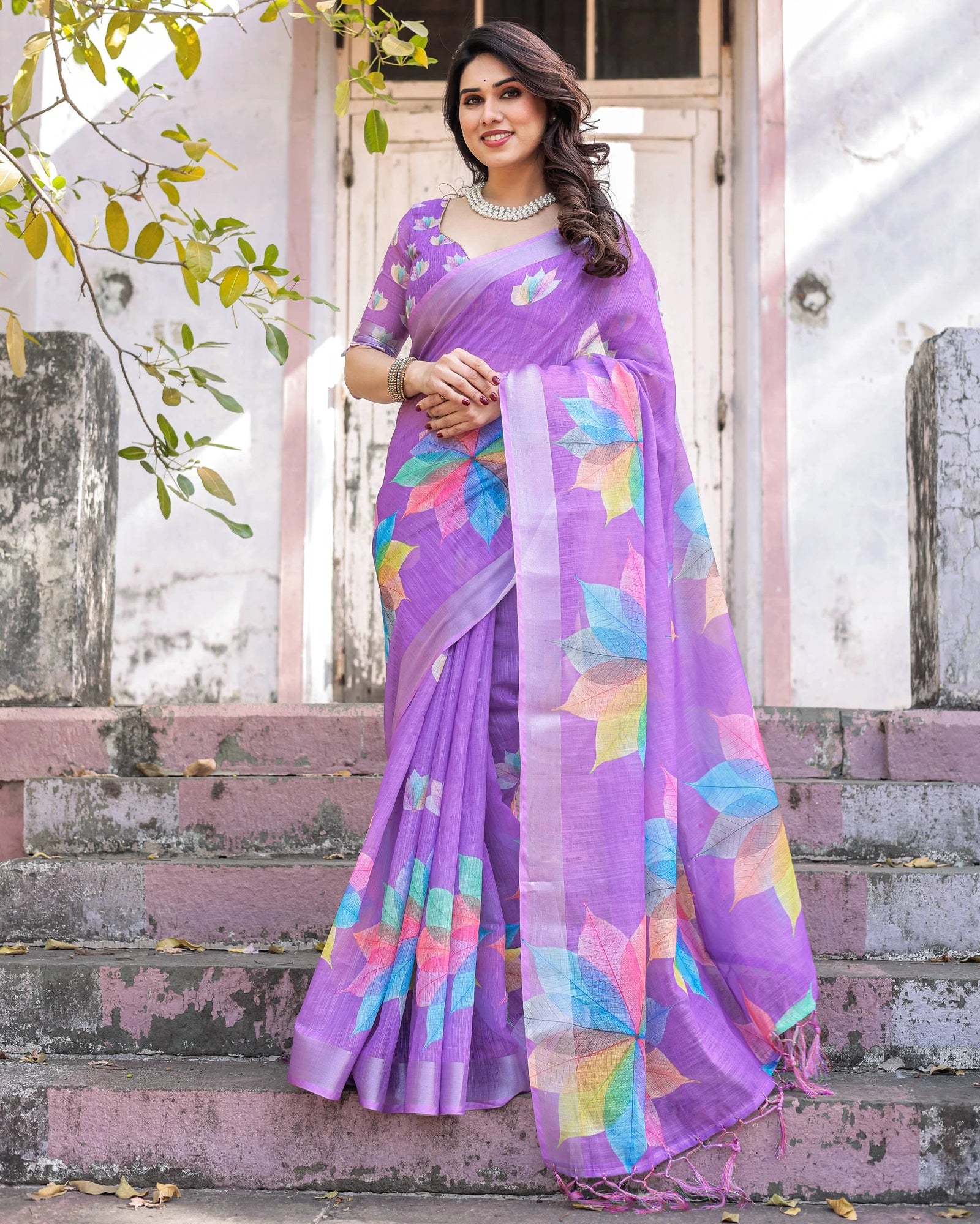 Purple Printed Soft Linen Cotton Saree - kalyanja